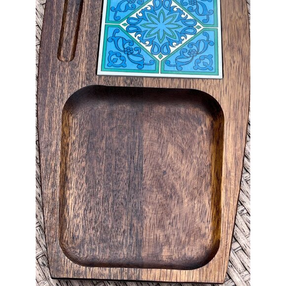 MCM Wood Charcuterie Board Platter w/ Ceramic Tile 1960s Wooden Serveware Japan - Picture 5 of 8
